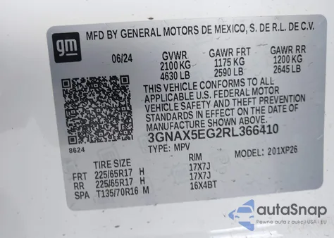 2024 Chevrolet Equinox Awd 1Fl z USA, uszkodzony, nr VIN 3GNAX5EG2RL366410